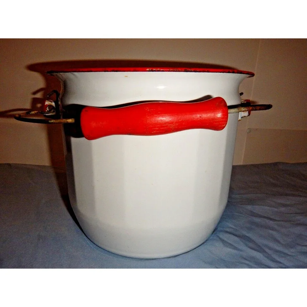 Vintage Enamelware 3 Pc Lot Chamber Pot Wash Basin Bowl White Red Trim Farmhouse